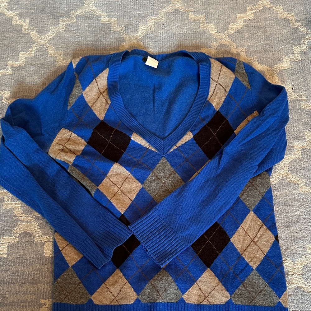 J. Crew V-Neck Sweater in Blue and Black Argyle